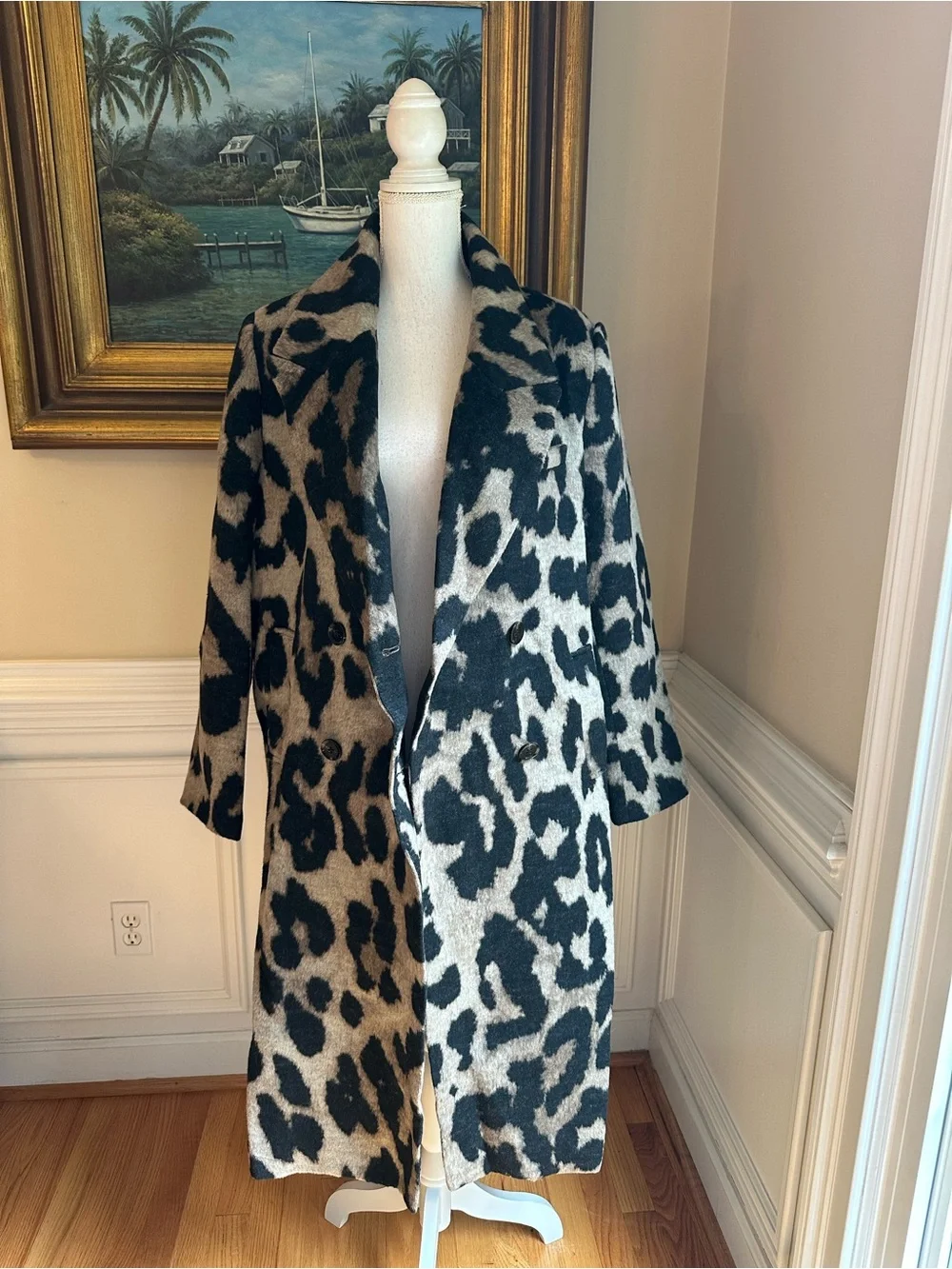 COMMENSE Wool Leopard Print Double Breasted Coat NWT
